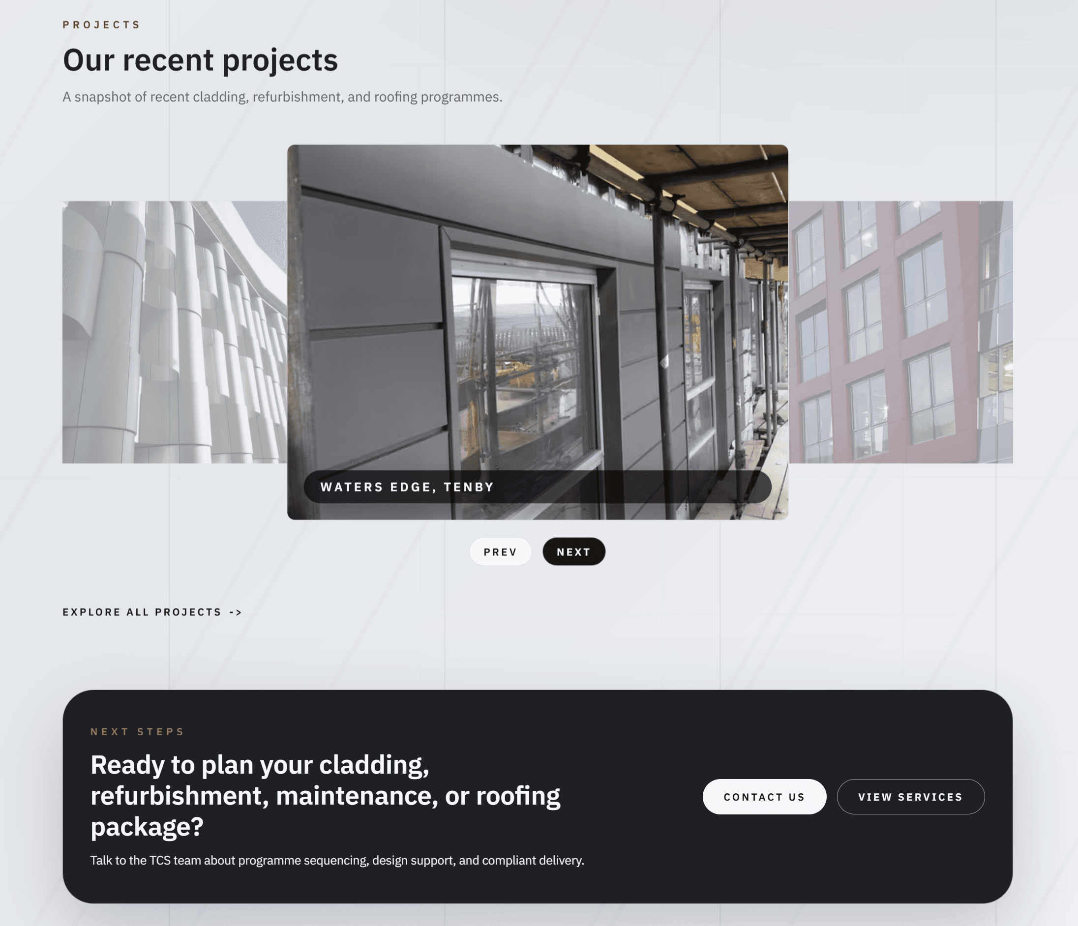 Homepage carousel and motion elements for Total Cladding Systems