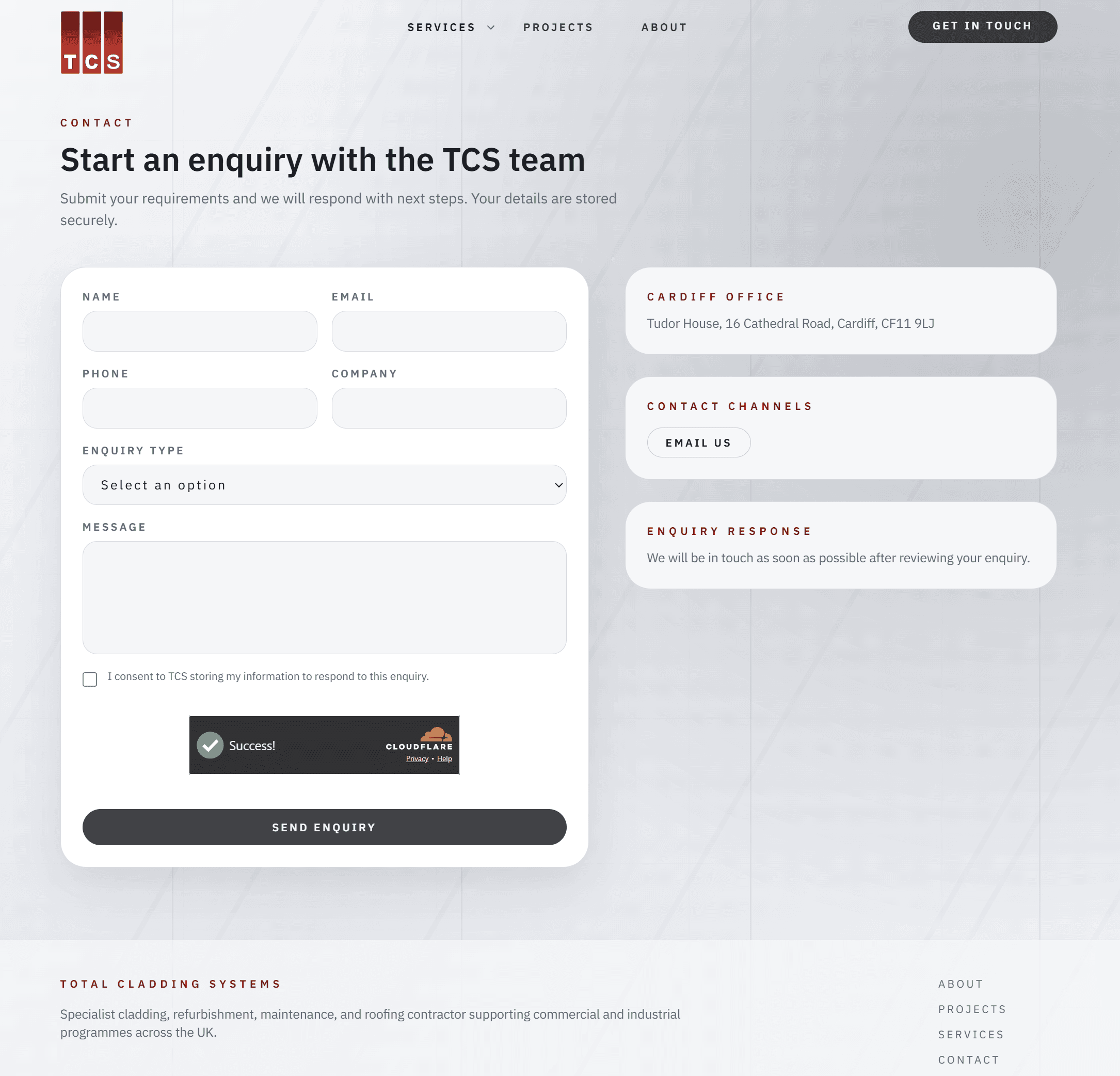 Contact and enquiry section for Total Cladding Systems