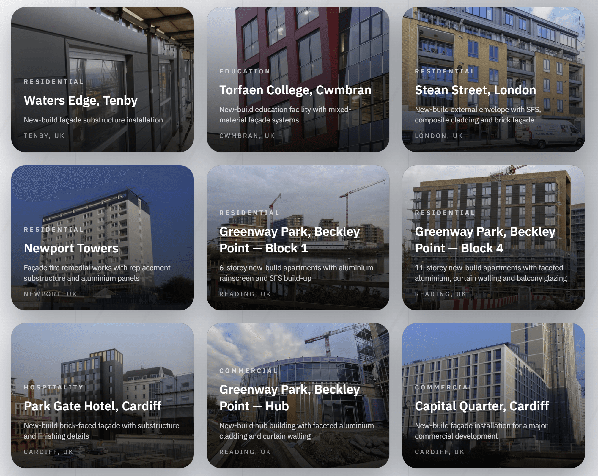 Projects section showing case studies for Total Cladding Systems